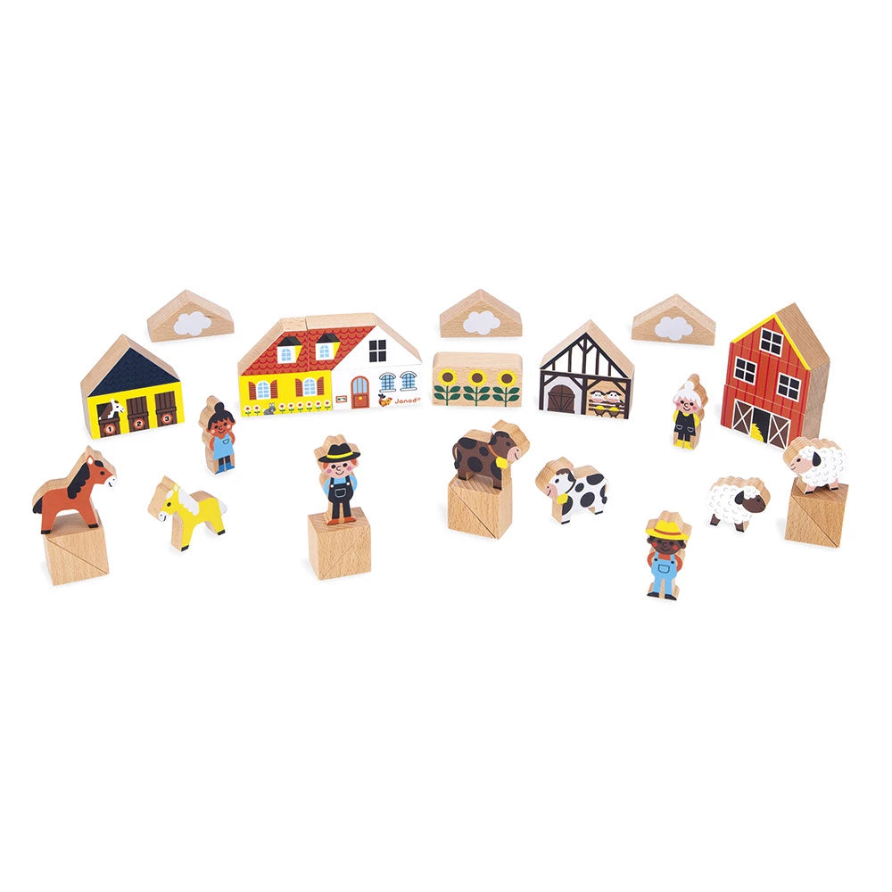 Janod Set Wooden Blocks Countryside - Cross Roads